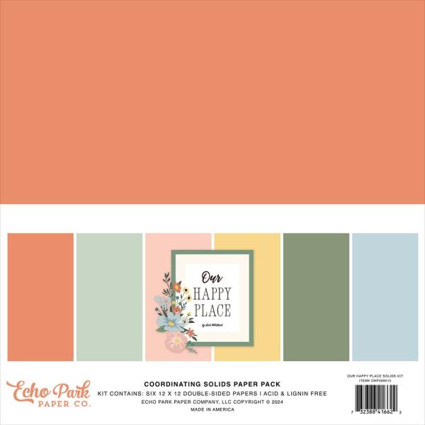 Echo Park - Cardstock "Our Happy Place" Coordinating Solids Paper 12x12 Inch - 6 Bogen 