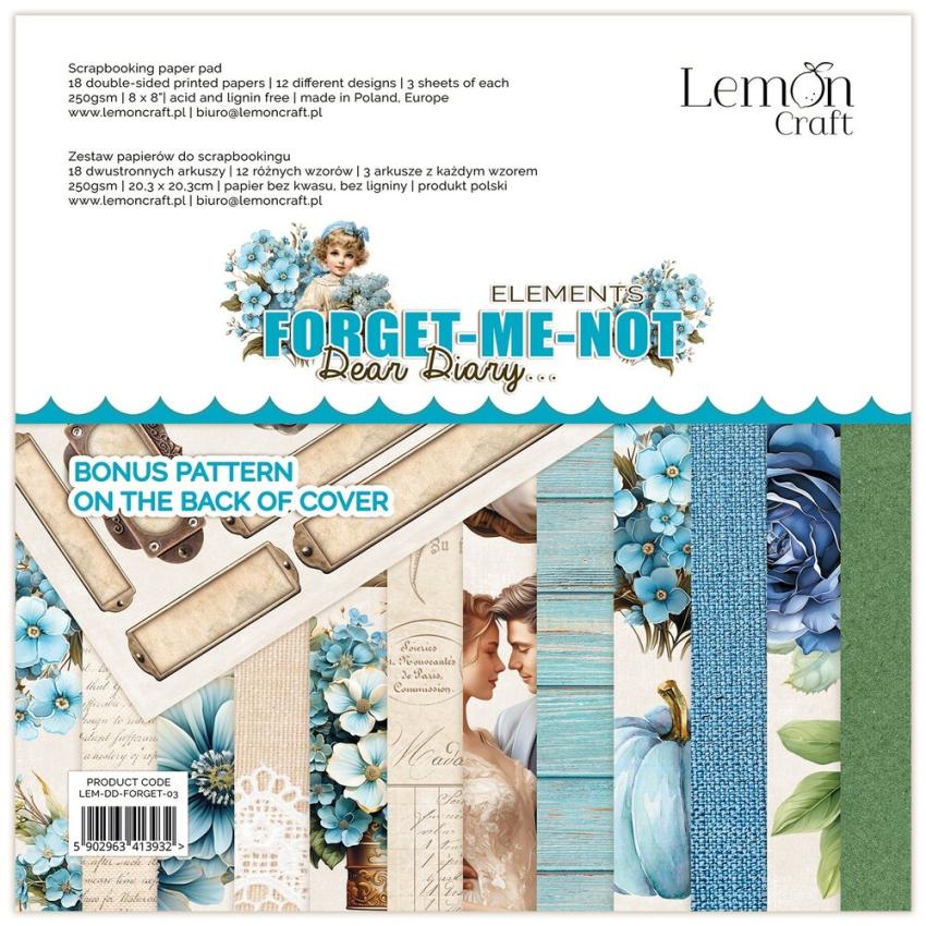 LemonCraft - Designpapier "Dear Diary Forget-Me-Not" Elements & Basics Paper Pad 8x8 Inch - 18 Bogen