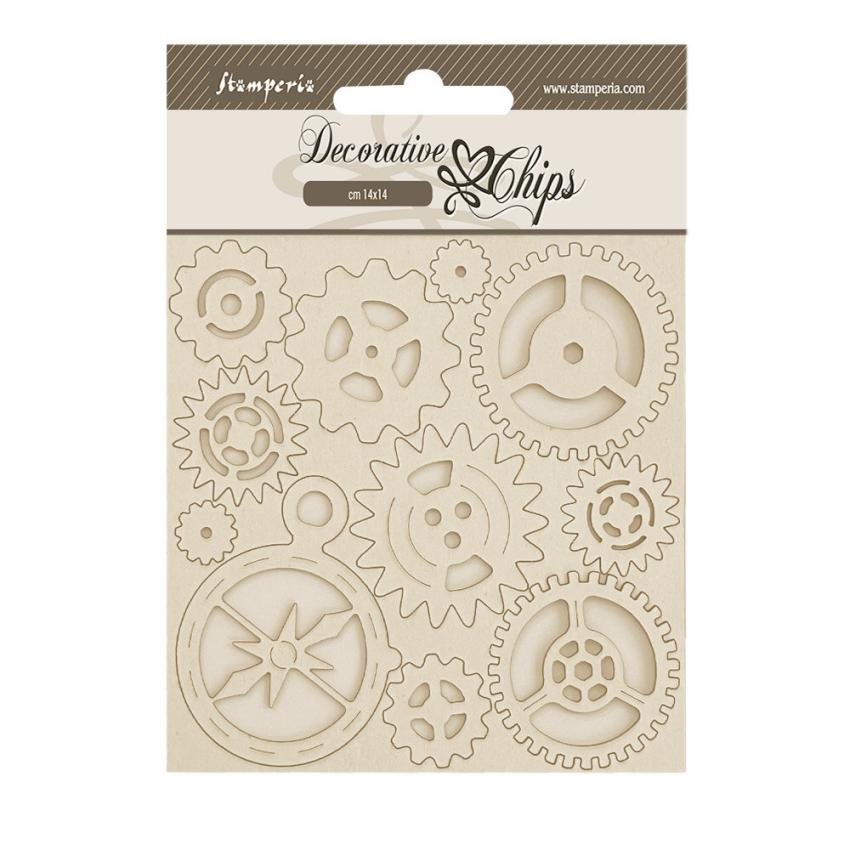 Stamperia - Holzteile 14x14 cm "Gears and Compass" Decorative Chips