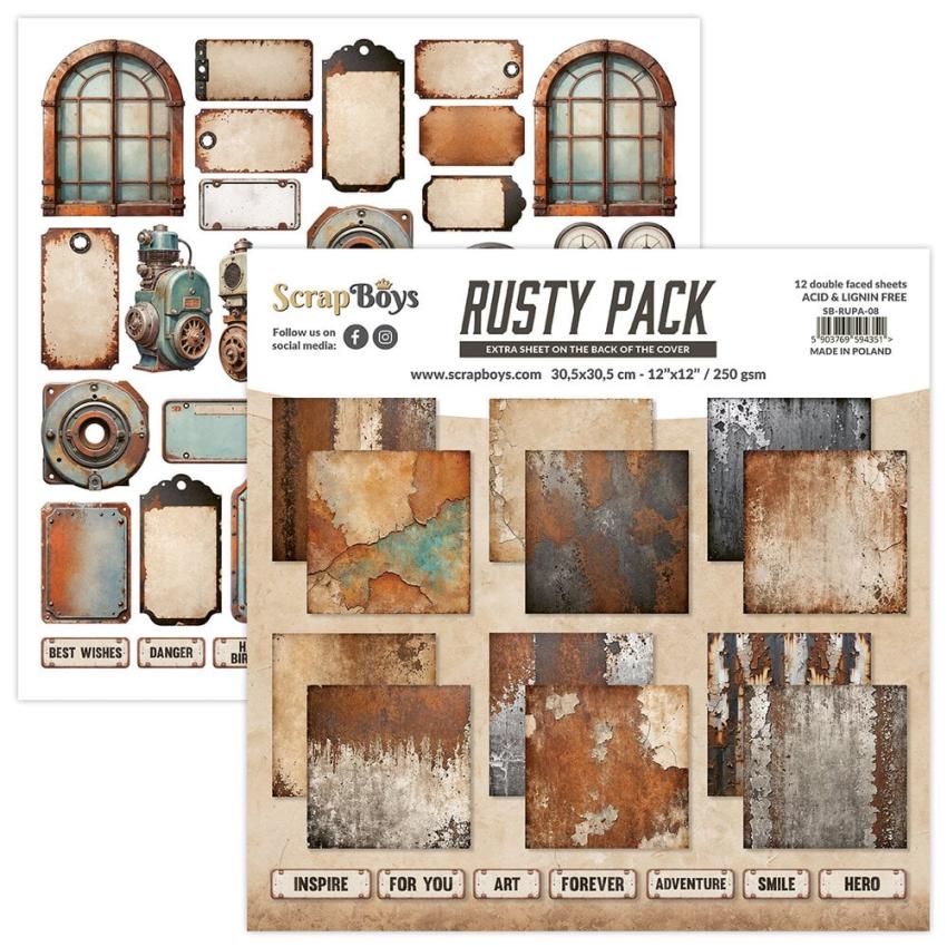 ScrapBoys - Designpapier "Rusty Pack" Paper Pack 12x12 Inch - 12 Bogen