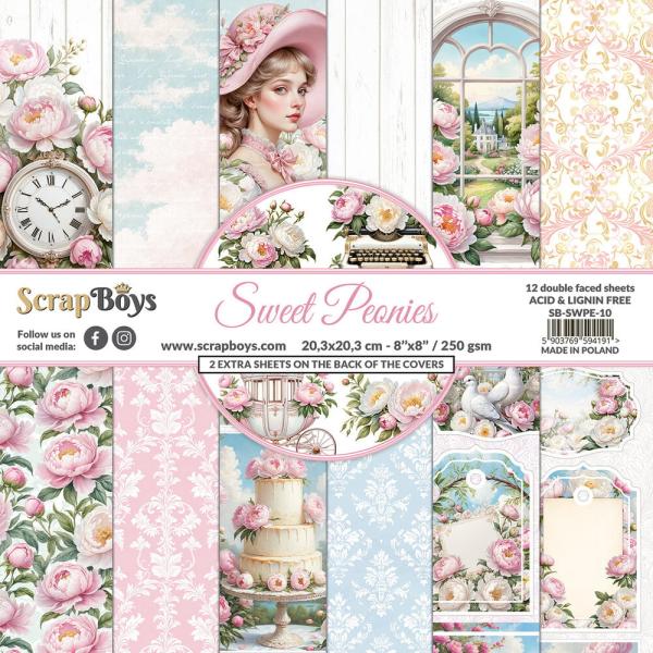 ScrapBoys - Designpapier "Sweet Peonies" Paper Pack 8x8 Inch - 12 Bogen