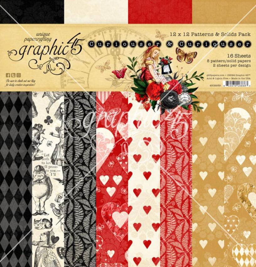 Graphic 45 - Designpapier "Curiouser & Curiouser" Patterns & Solid Pad 12x12 Inch - 16 Bogen