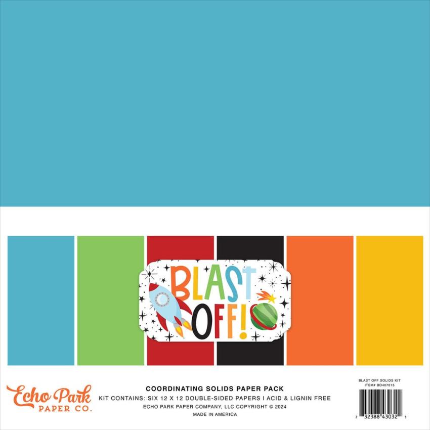 Echo Park - Cardstock "Blast Off" Coordinating Solids Paper 12x12 Inch - 6 Bogen 