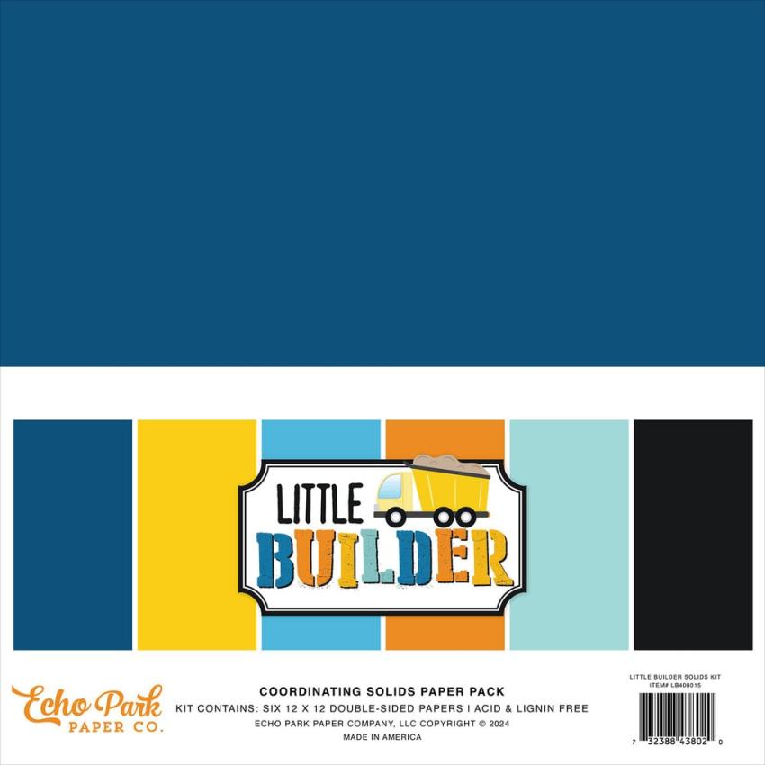 Echo Park - Cardstock "Little Builder" Coordinating Solids Paper 12x12 Inch - 6 Bogen 