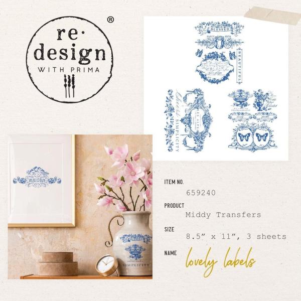 Re-Design with Prima - Transfer Aufkleber 8,5x11 Inch "Lovely Labels" Decor Transfer 3 Bogen 