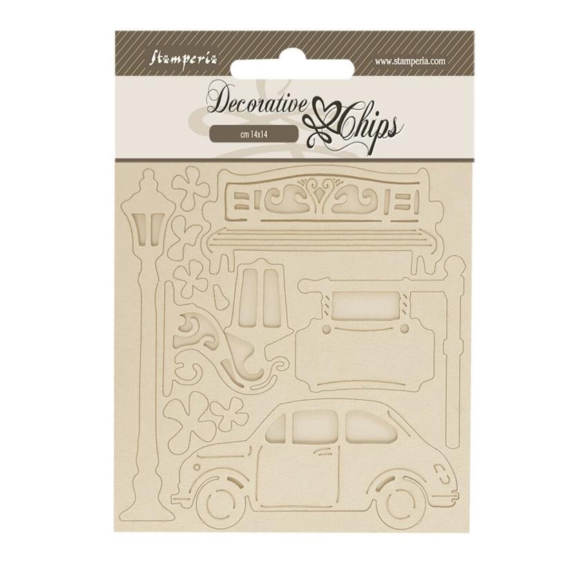 Stamperia - Holzteile 14x14 cm "Car" Decorative Chips