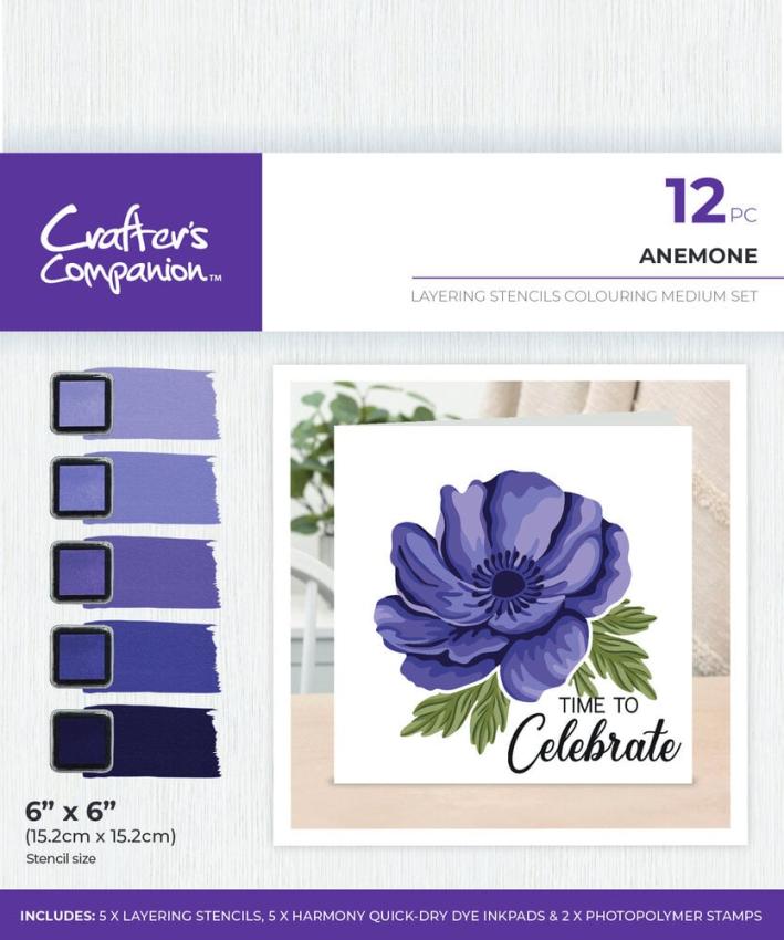 Crafters Companion - Schablone, Stempel & Stempelkissen "Anemone" Layering Stencils Colouring Set