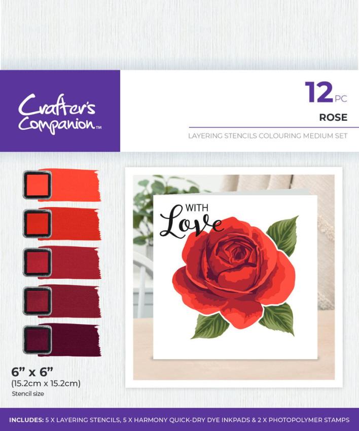 Crafters Companion - Schablone, Stempel & Stempelkissen "Rose" Layering Stencils Colouring Set