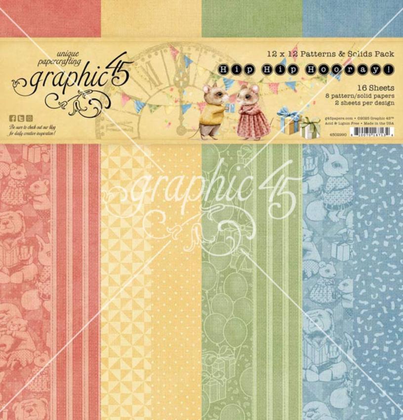 Graphic 45 - Designpapier "Hip Hip Hooray" Patterns & Solid Pad 12x12 Inch - 16 Bogen