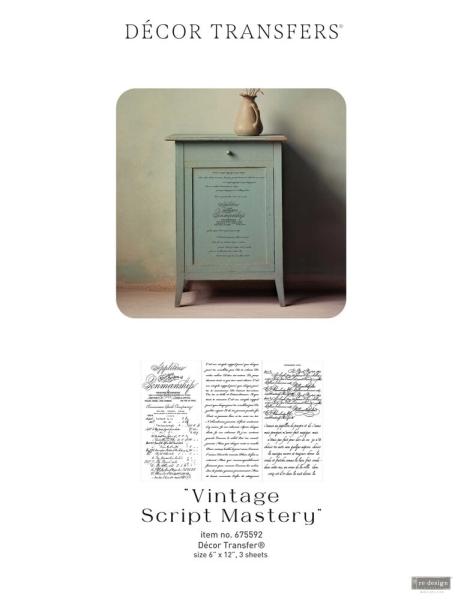 Re-Design with Prima - Transfer Aufkleber 6x12 Inch "Vintage Script Mastery" Decor Transfer 3 Bogen 