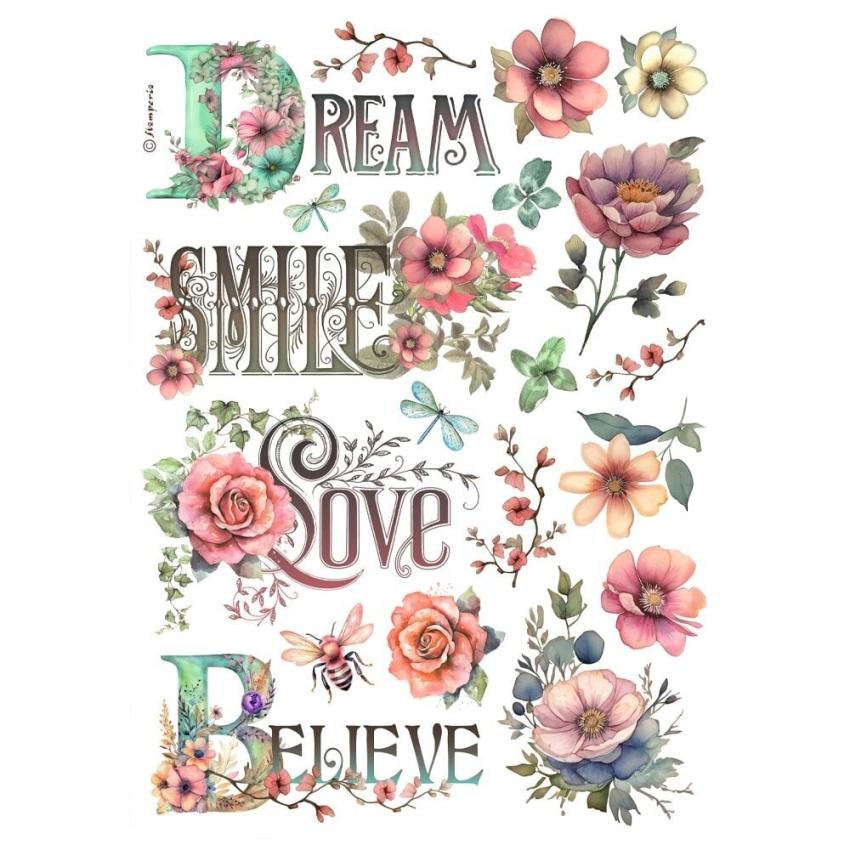 Stamperia - Decopatch Papier "Dream, Smile, Love, Believe" Decoupage A4 - 6 Bogen  