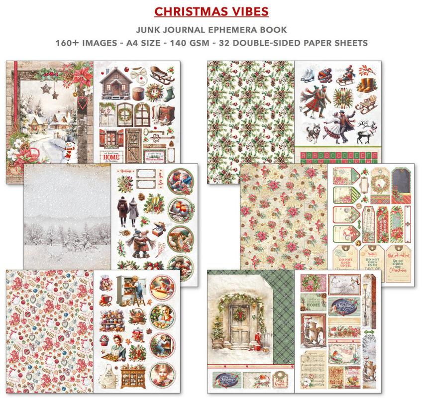 Ciao Bella - Designpapier & Stanzteile "Christmas Vibes" Junk Journal Ephemera Book A4 - 32 Bogen