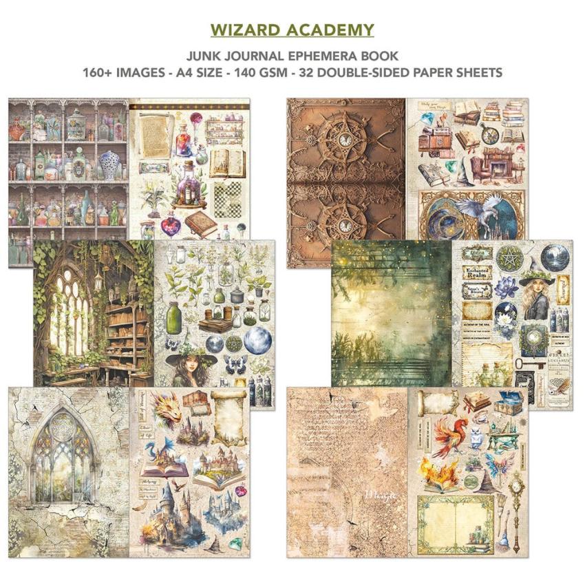 Ciao Bella - Designpapier & Stanzteile "Wizard Academy" Junk Journal Ephemera Book A4 - 32 Bogen