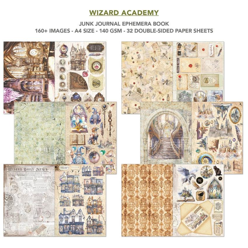 Ciao Bella - Designpapier & Stanzteile "Wizard Academy" Junk Journal Ephemera Book A4 - 32 Bogen