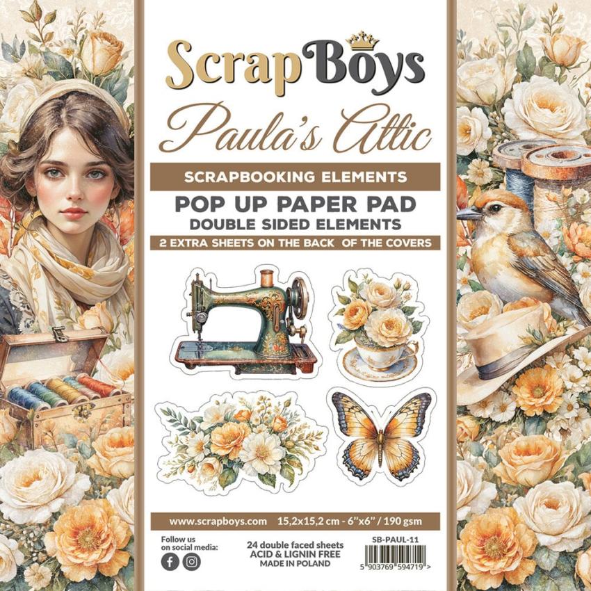 ScrapBoys - Stanzteile "Paula's Attic" Pop Up Paper Pack 6x6 Inch - 24 Bogen