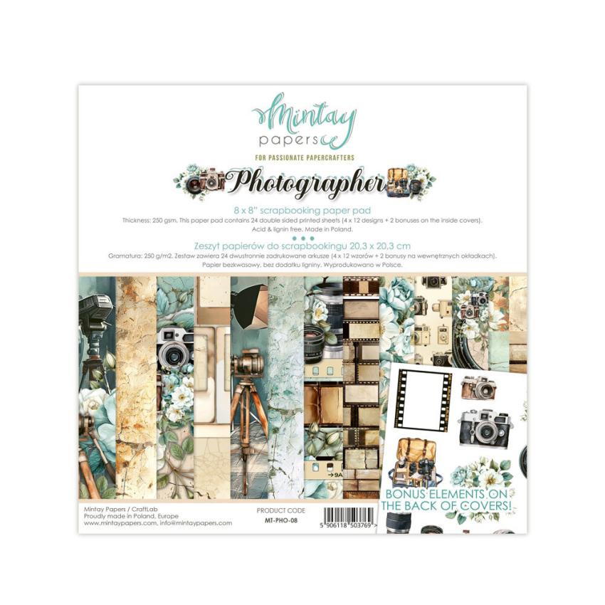 Mintay Papers - Designpapier "Photographer" Scrapbooking Paper Pad 8x8 Inch - 24 Bogen