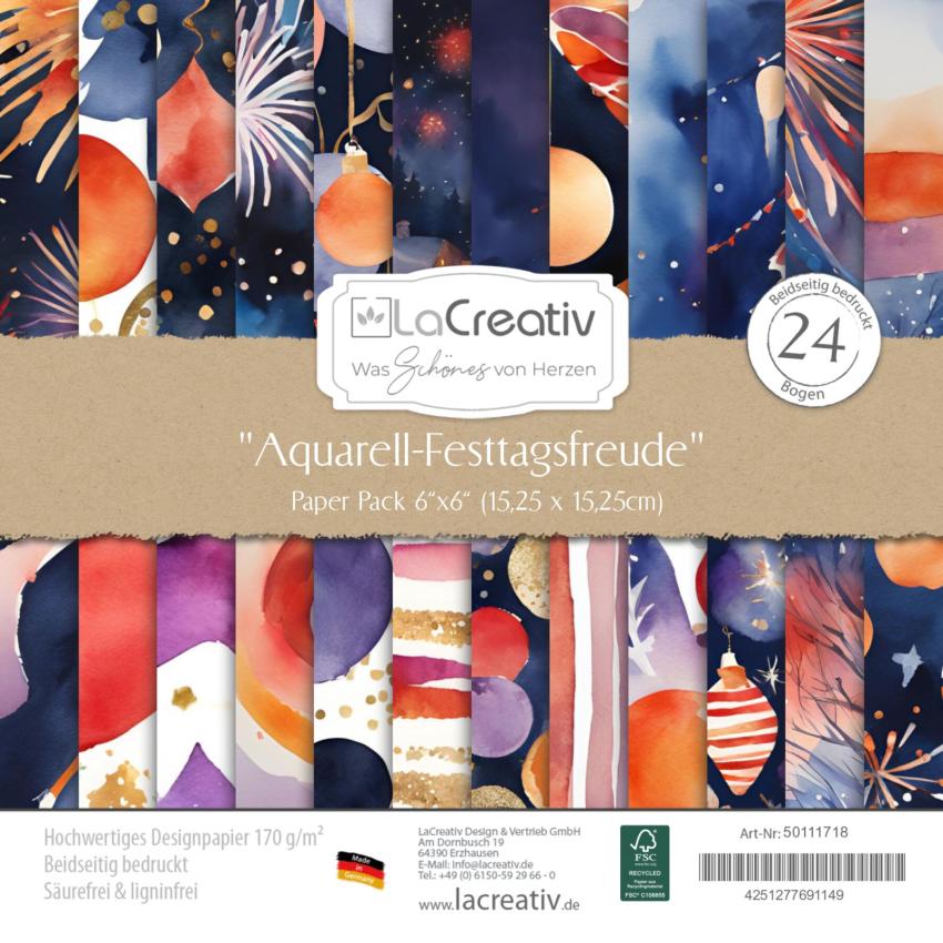 LaCreativ - Designpapier "Aquarell-Festtagsfreude" Paper Pack 6x6" - 24 Bogen