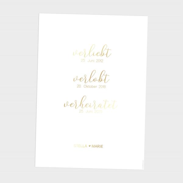 Metallicposter "Verliebt Verlobt Verheiratet" | Goldposter | Familienposter | Personalisiertes Poster | Wanddeko